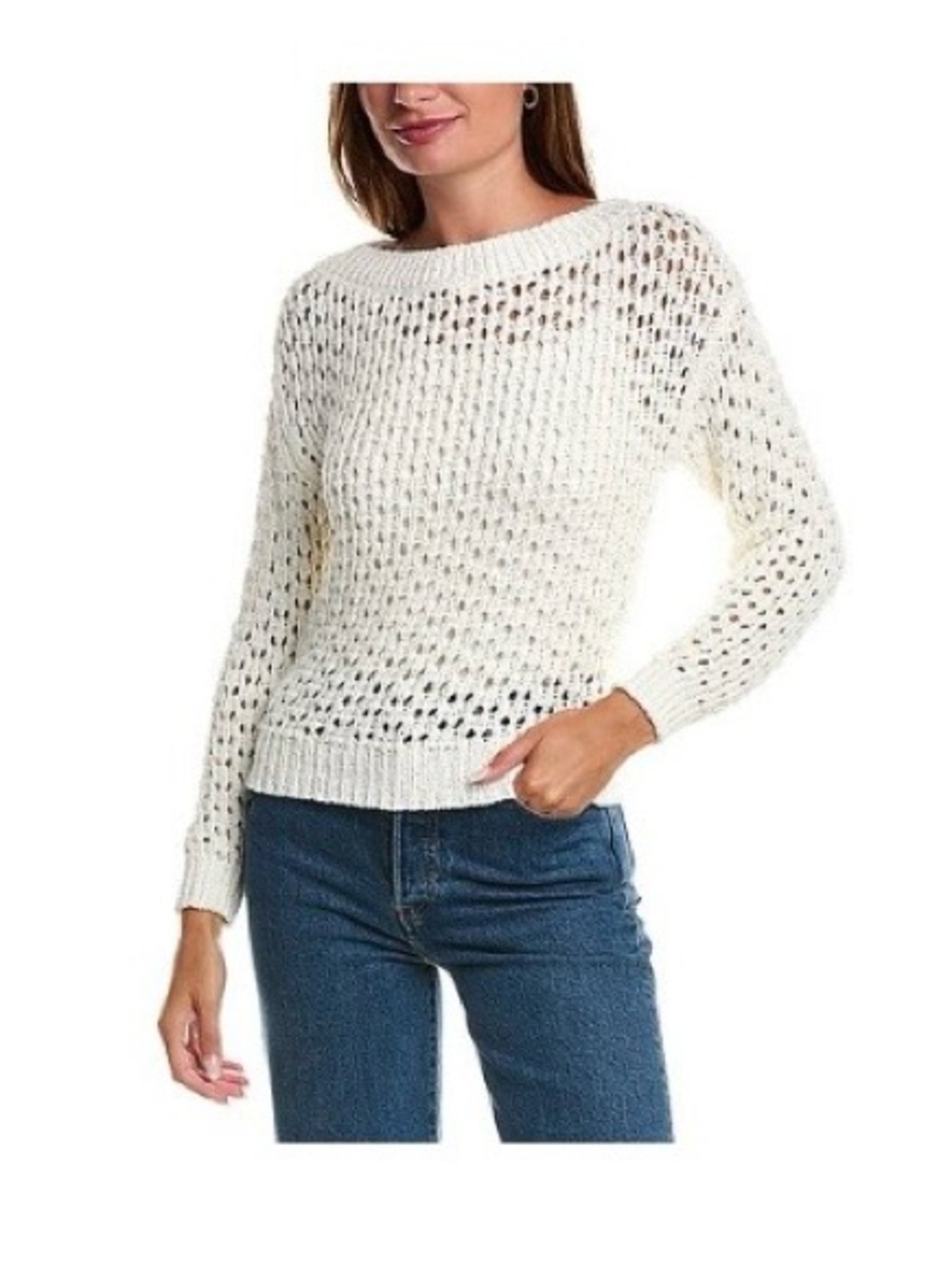 Ramy Brook Ivory Open-Weave Crewneck Sweater